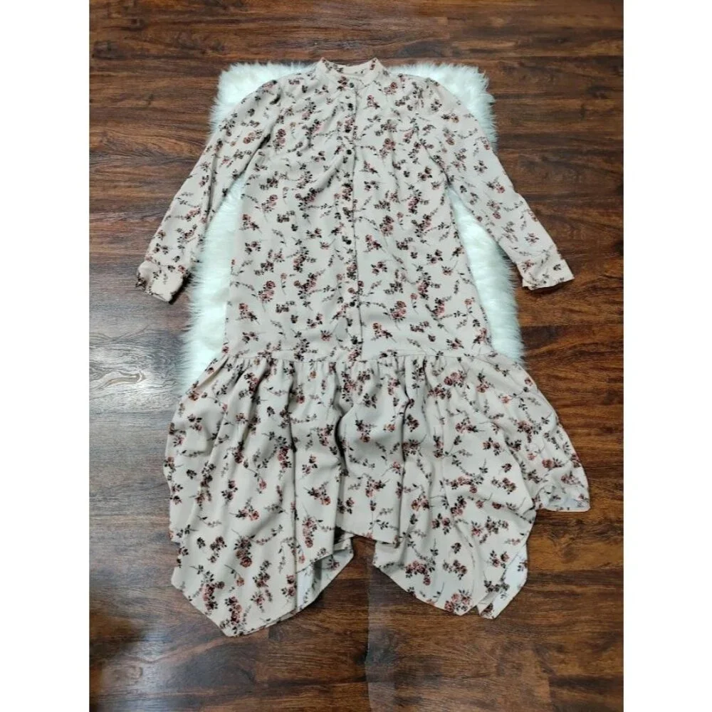 Begonia Puff Long Sleeve High Neck  Floral Print Hi-Low Dress Beige Womens Small - Picture 5 of 15